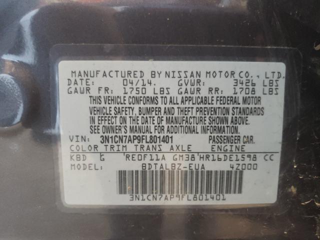 Photo 9 VIN: 3N1CN7AP9FL801401 - NISSAN VERSA S 