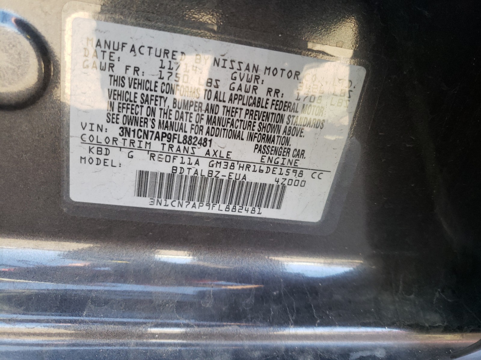 Photo 9 VIN: 3N1CN7AP9FL882481 - NISSAN VERSA S 