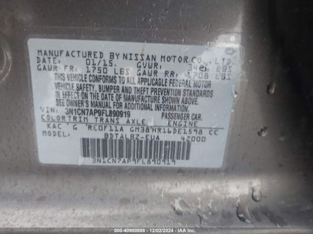 Photo 8 VIN: 3N1CN7AP9FL890919 - NISSAN VERSA 