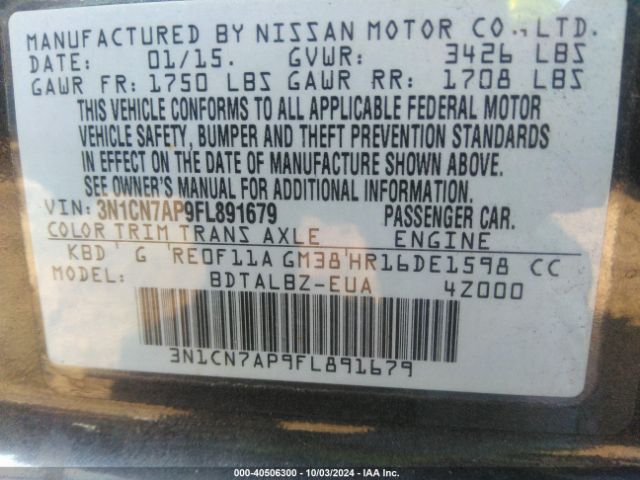 Photo 8 VIN: 3N1CN7AP9FL891679 - NISSAN VERSA 