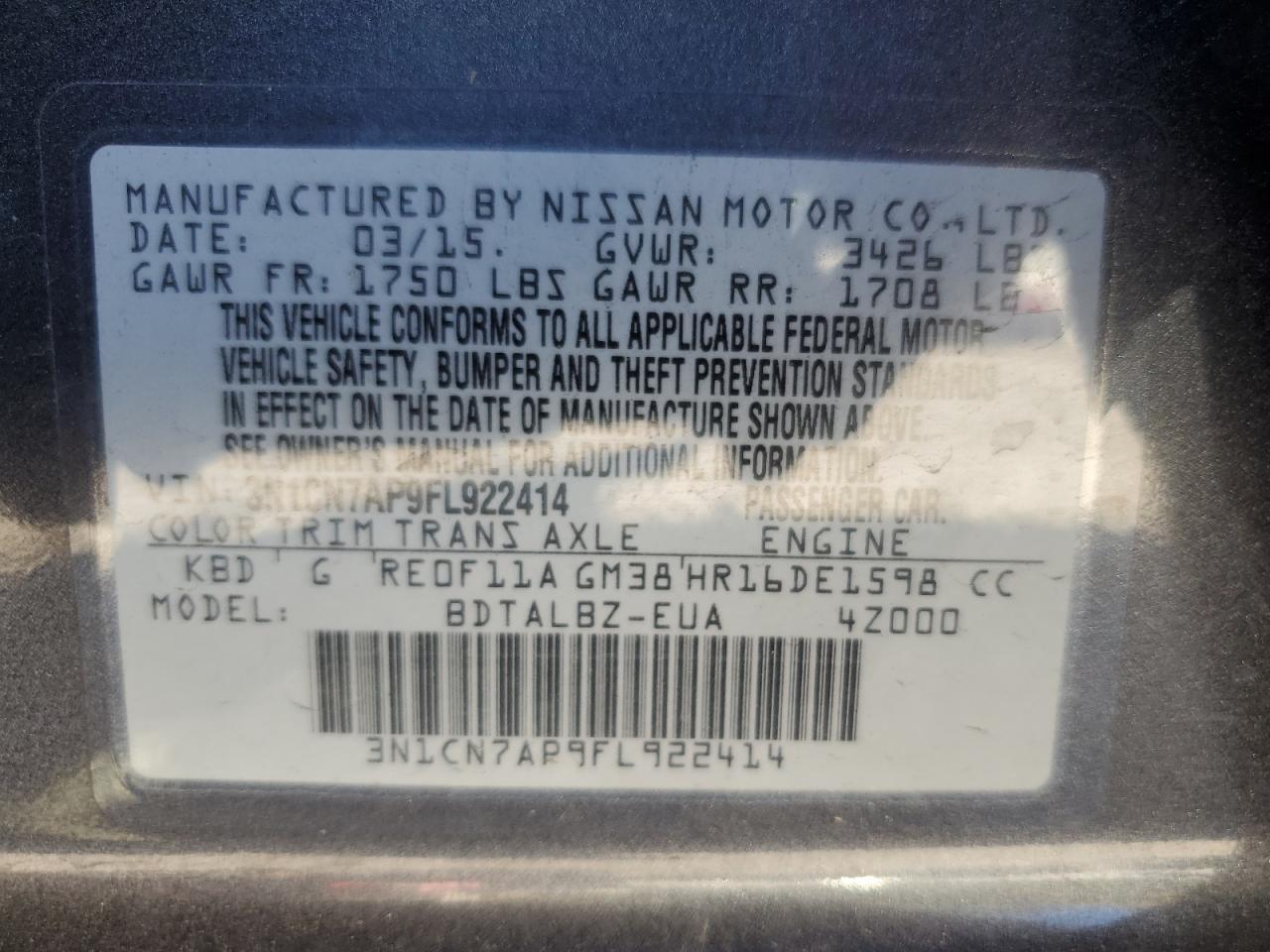 Photo 11 VIN: 3N1CN7AP9FL922414 - NISSAN VERSA 