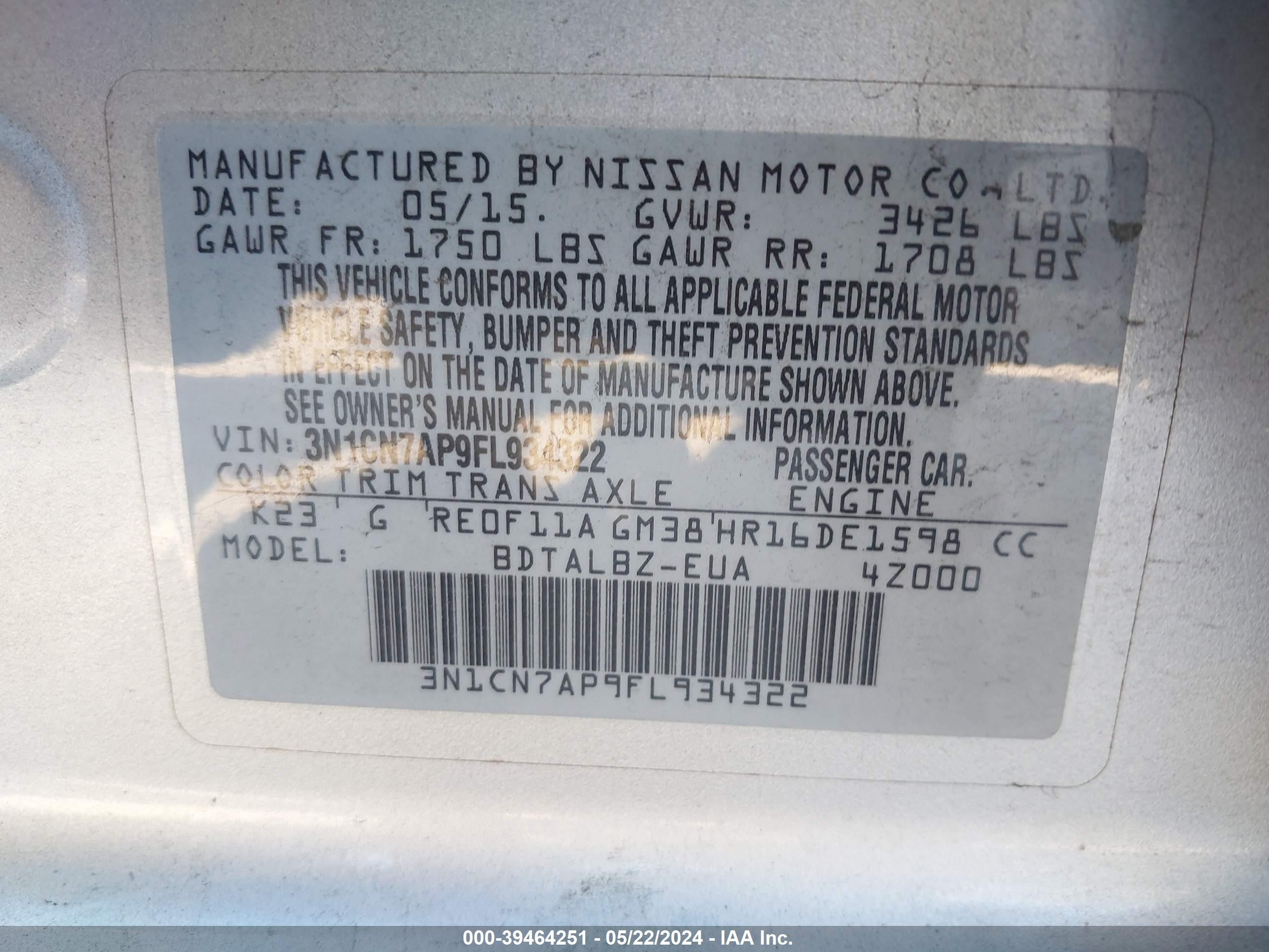 Photo 8 VIN: 3N1CN7AP9FL934322 - NISSAN VERSA 