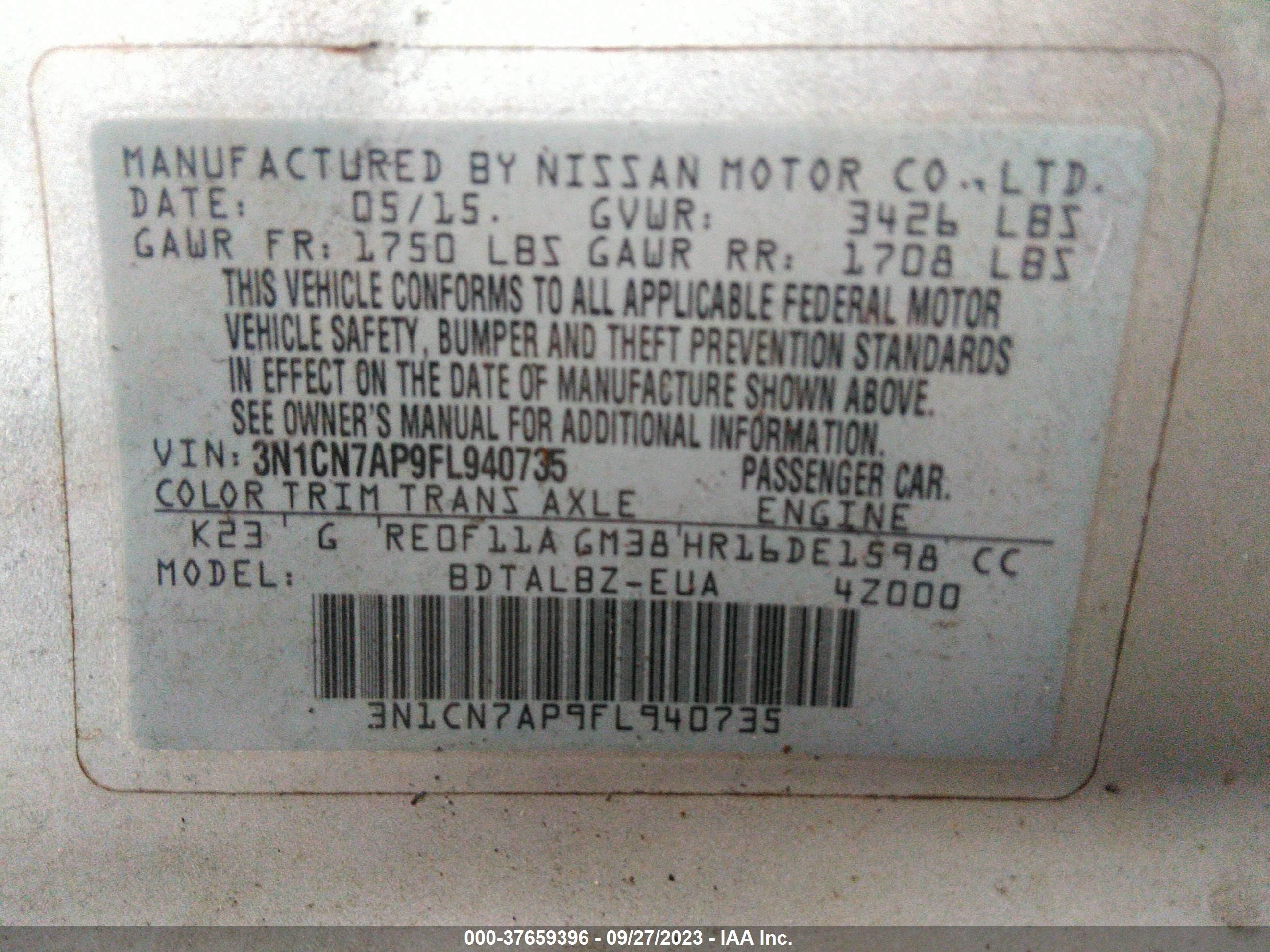 Photo 8 VIN: 3N1CN7AP9FL940735 - NISSAN VERSA 