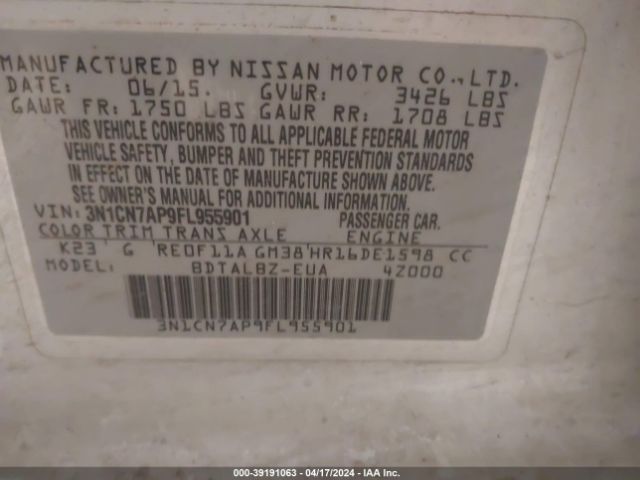 Photo 8 VIN: 3N1CN7AP9FL955901 - NISSAN VERSA 