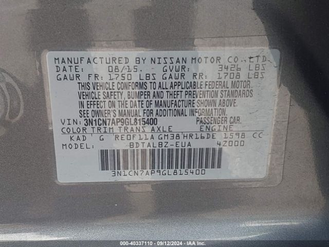 Photo 8 VIN: 3N1CN7AP9GL815400 - NISSAN VERSA 