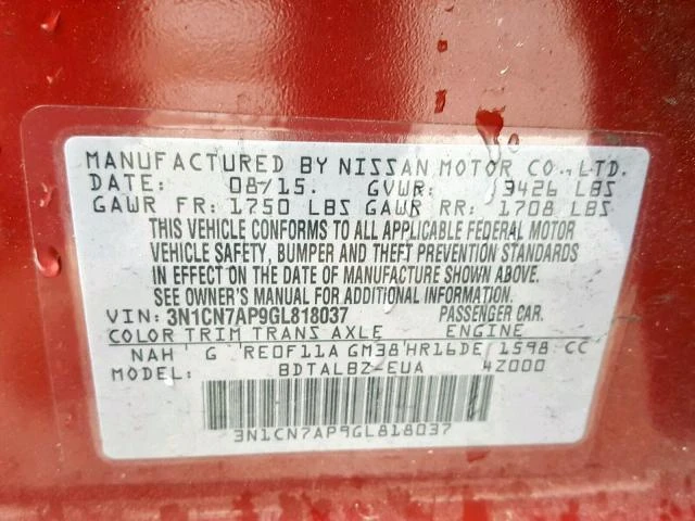 Photo 9 VIN: 3N1CN7AP9GL818037 - NISSAN VERSA S 