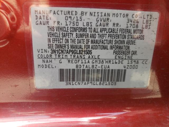 Photo 9 VIN: 3N1CN7AP9GL821505 - NISSAN VERSA 