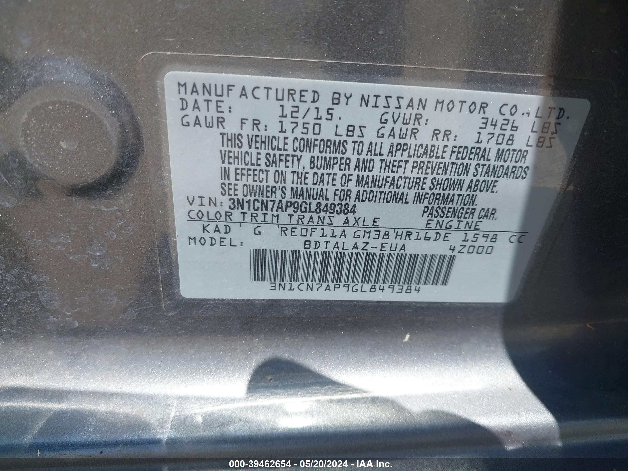 Photo 8 VIN: 3N1CN7AP9GL849384 - NISSAN VERSA 