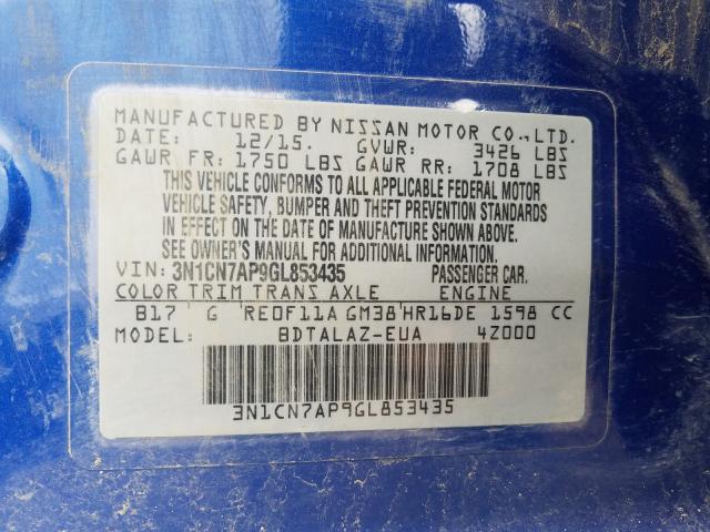 Photo 9 VIN: 3N1CN7AP9GL853435 - NISSAN VERSA S 