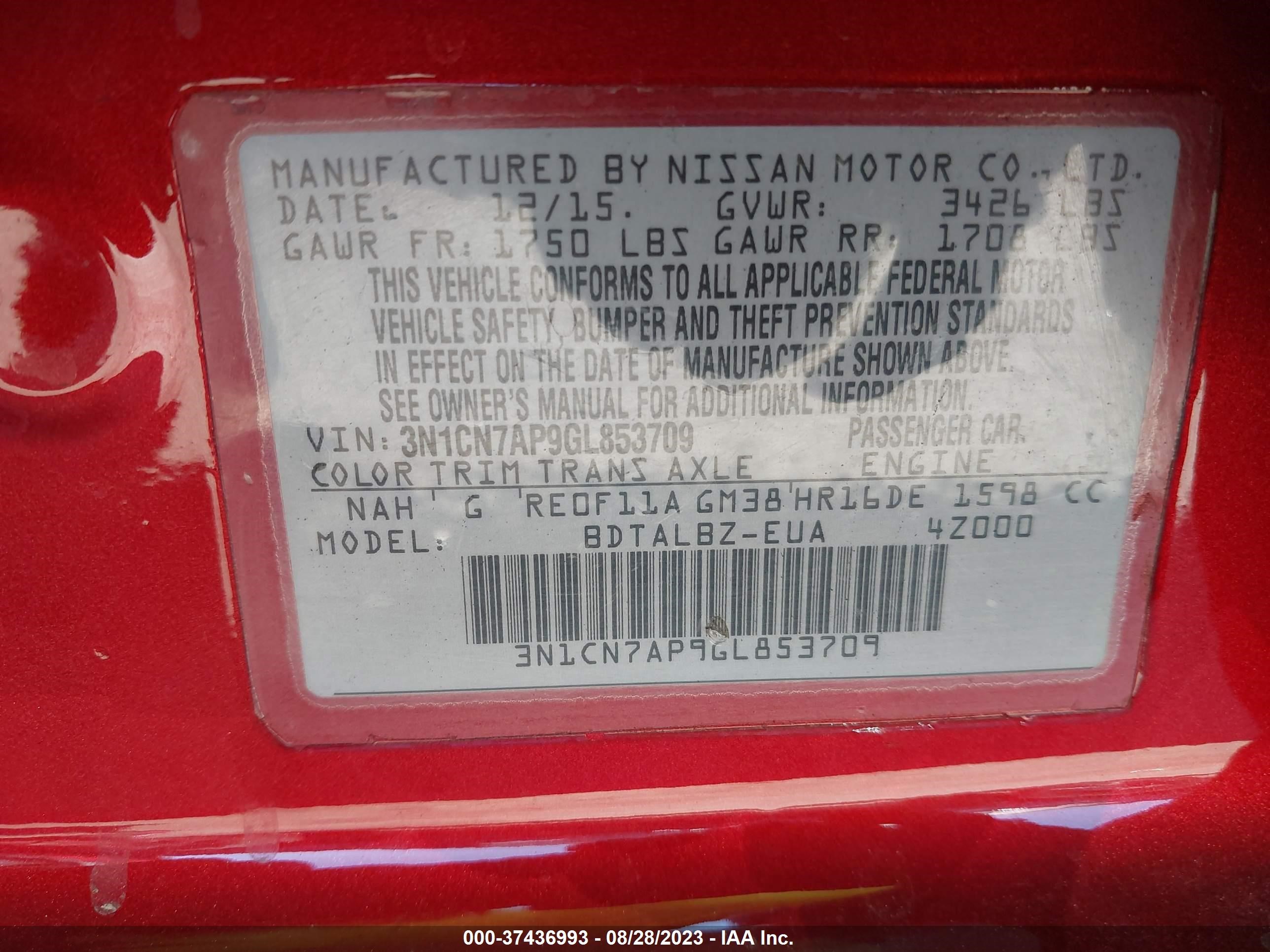 Photo 8 VIN: 3N1CN7AP9GL853709 - NISSAN VERSA 