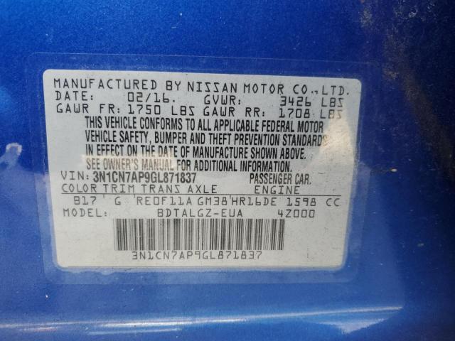 Photo 9 VIN: 3N1CN7AP9GL871837 - NISSAN VERSA 