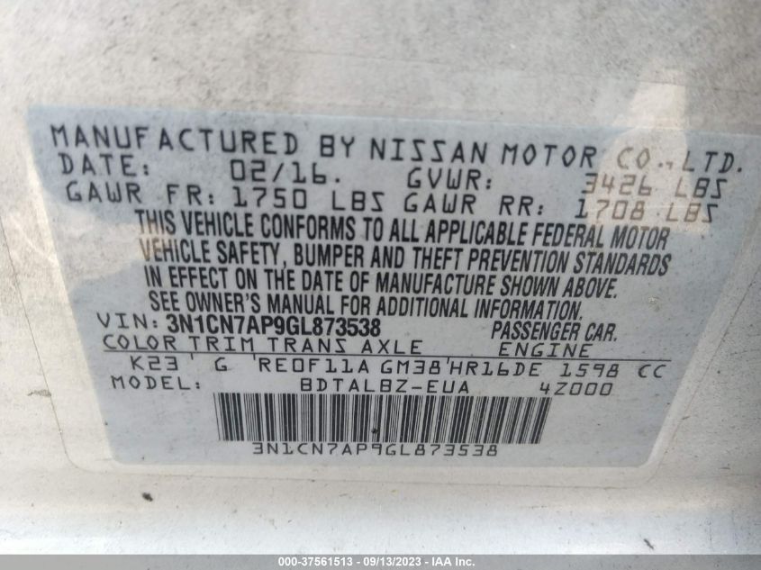 Photo 8 VIN: 3N1CN7AP9GL873538 - NISSAN VERSA 