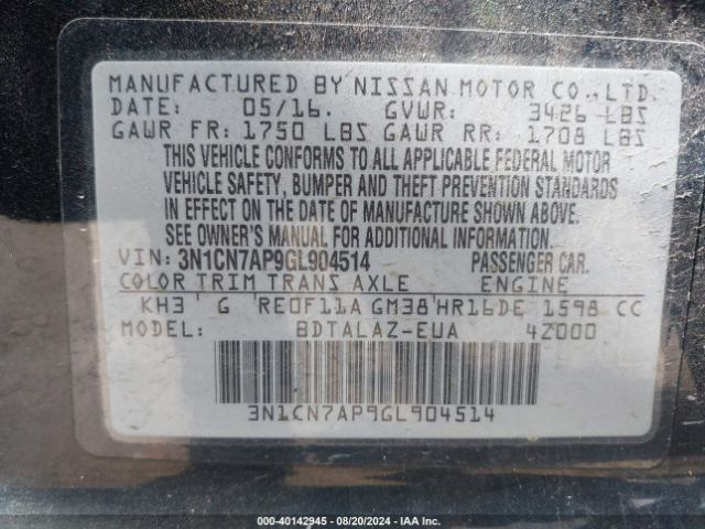 Photo 8 VIN: 3N1CN7AP9GL904514 - NISSAN VERSA 