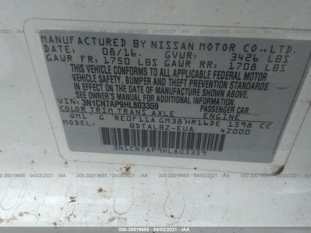 Photo 8 VIN: 3N1CN7AP9HL803359 - NISSAN VERSA SEDAN 