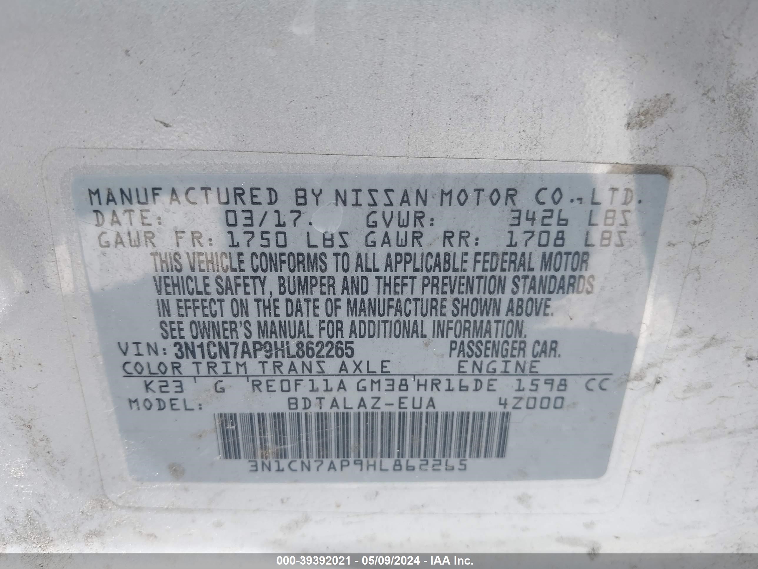 Photo 8 VIN: 3N1CN7AP9HL862265 - NISSAN VERSA 