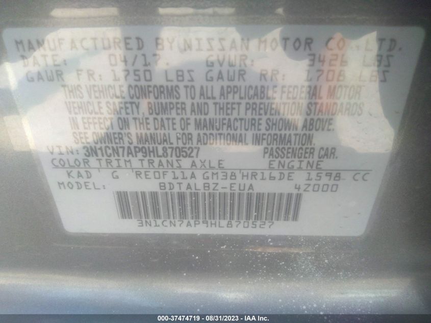 Photo 8 VIN: 3N1CN7AP9HL870527 - NISSAN VERSA 