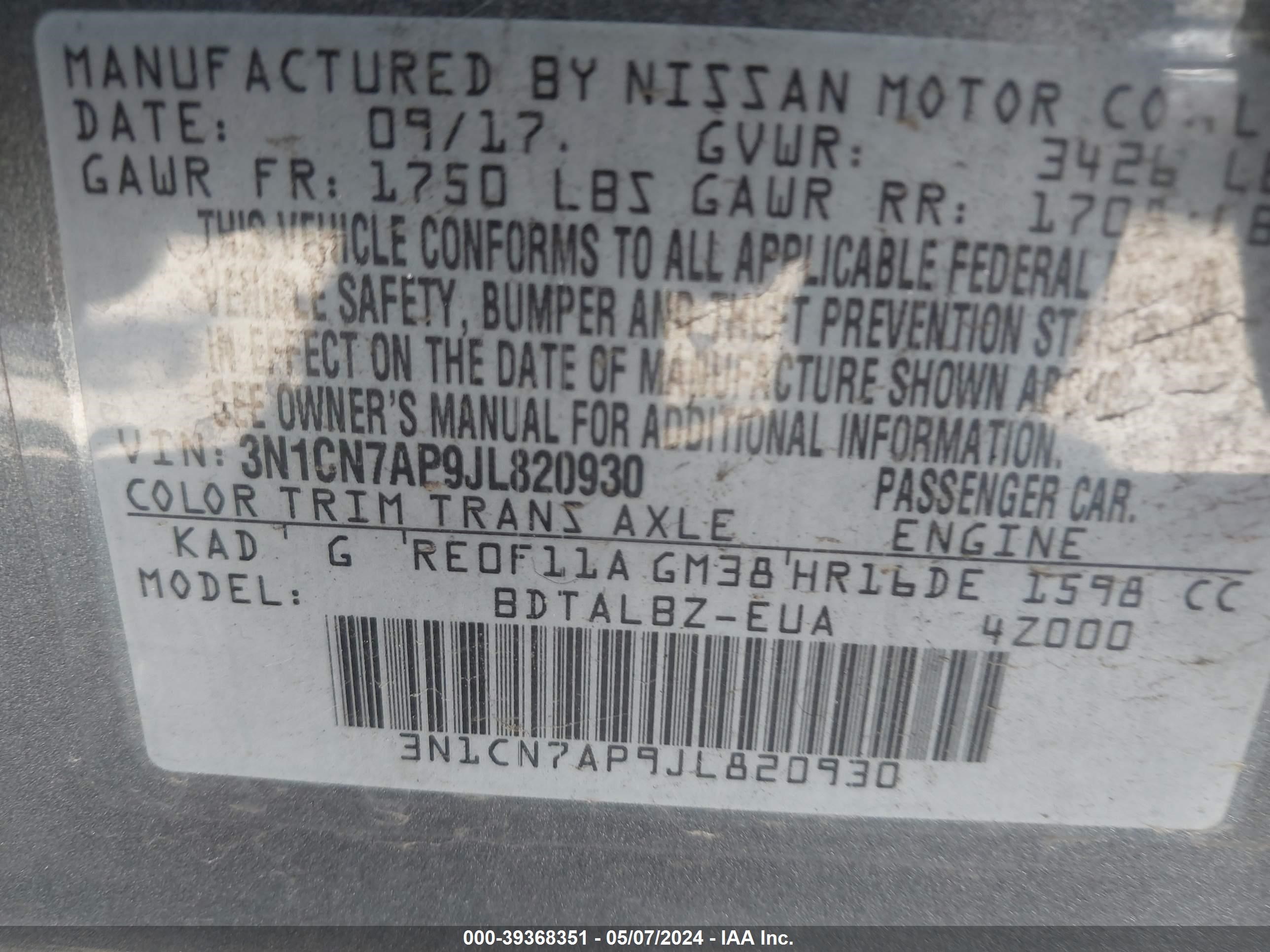 Photo 8 VIN: 3N1CN7AP9JL820930 - NISSAN VERSA 