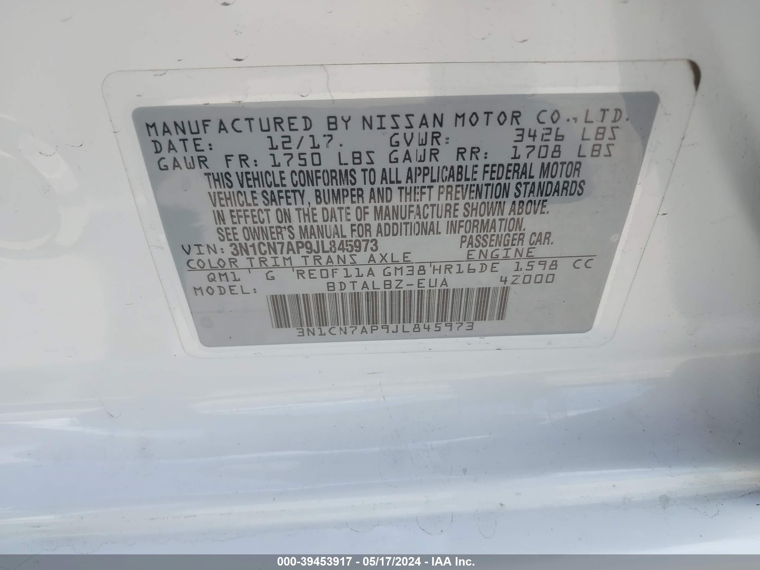 Photo 8 VIN: 3N1CN7AP9JL845973 - NISSAN VERSA 