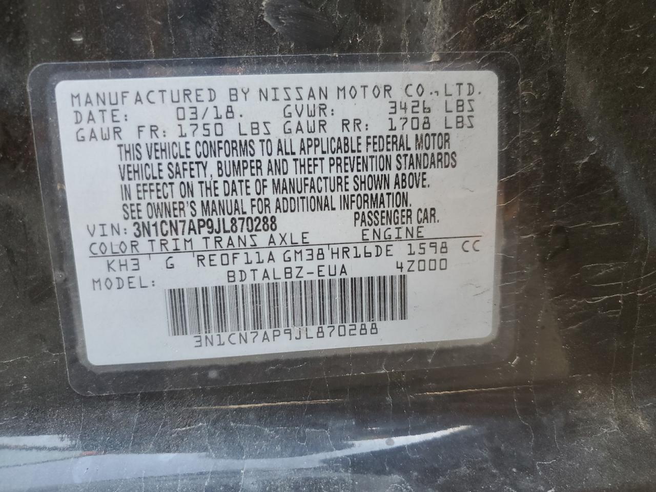 Photo 11 VIN: 3N1CN7AP9JL870288 - NISSAN VERSA 