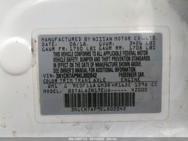 Photo 8 VIN: 3N1CN7AP9KL802042 - NISSAN VERSA SEDAN 