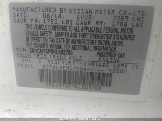 Photo 8 VIN: 3N1CN7AP9KL803708 - NISSAN VERSA SEDAN 