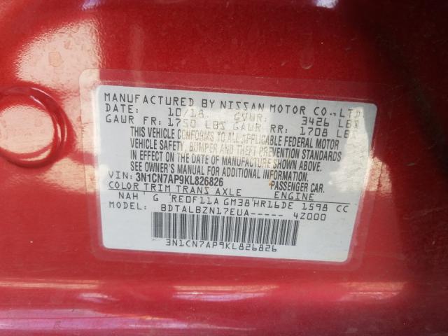 Photo 9 VIN: 3N1CN7AP9KL826826 - NISSAN VERSA S 