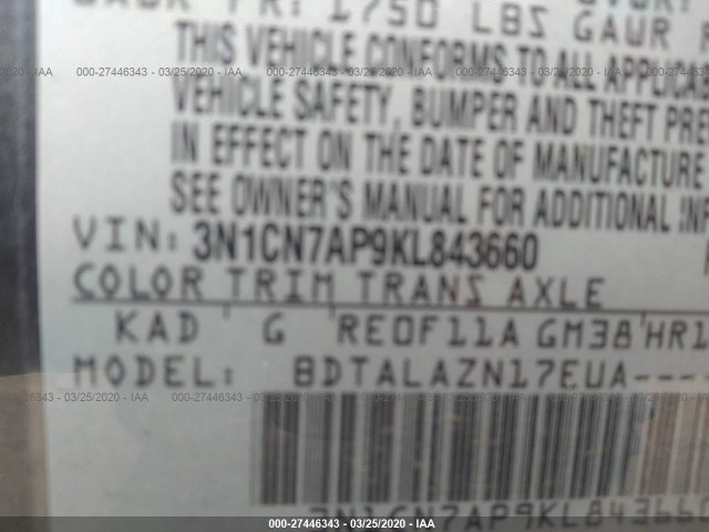 Photo 8 VIN: 3N1CN7AP9KL843660 - NISSAN VERSA SEDAN 