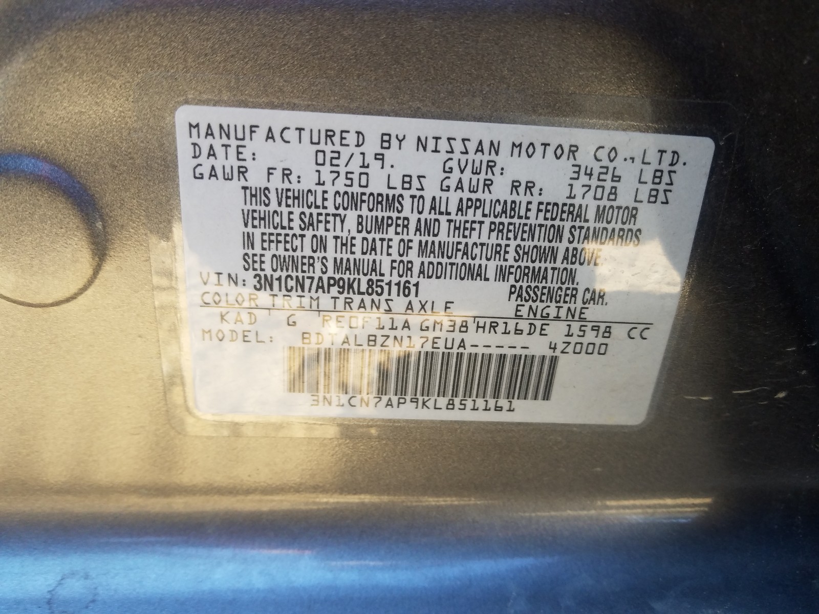 Photo 9 VIN: 3N1CN7AP9KL851161 - NISSAN VERSA S 