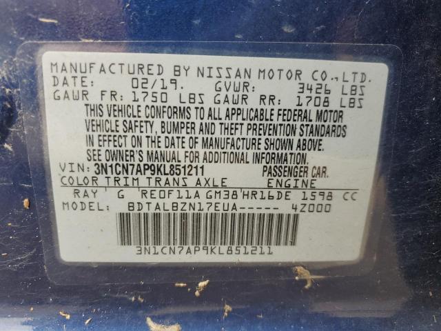 Photo 12 VIN: 3N1CN7AP9KL851211 - NISSAN VERSA S 