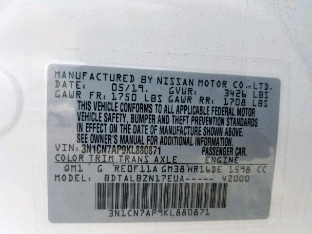 Photo 9 VIN: 3N1CN7AP9KL880871 - NISSAN VERSA S 