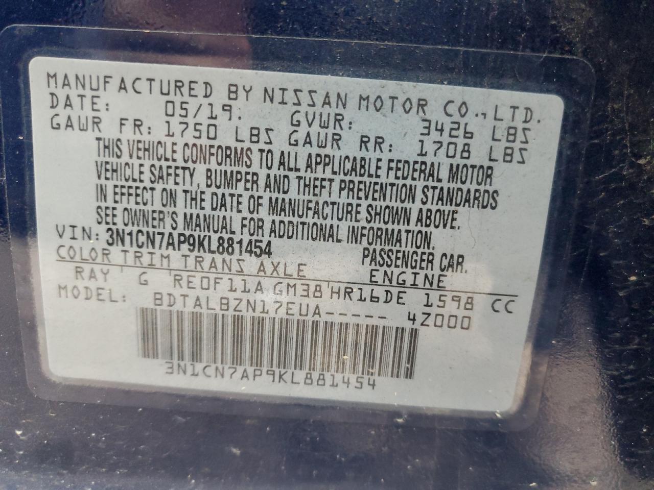 Photo 12 VIN: 3N1CN7AP9KL881454 - NISSAN VERSA 