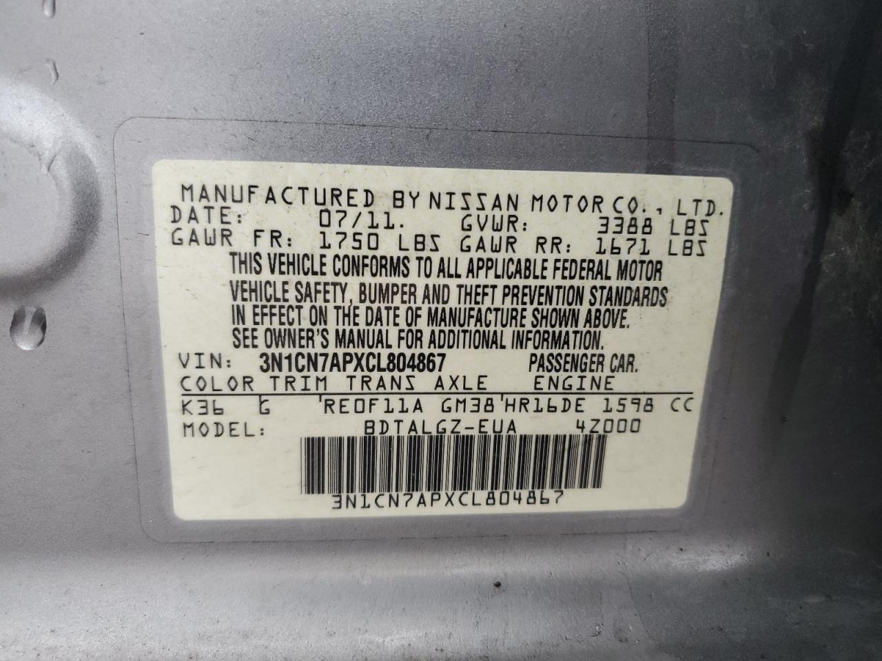 Photo 12 VIN: 3N1CN7APXCL804867 - NISSAN VERSA 