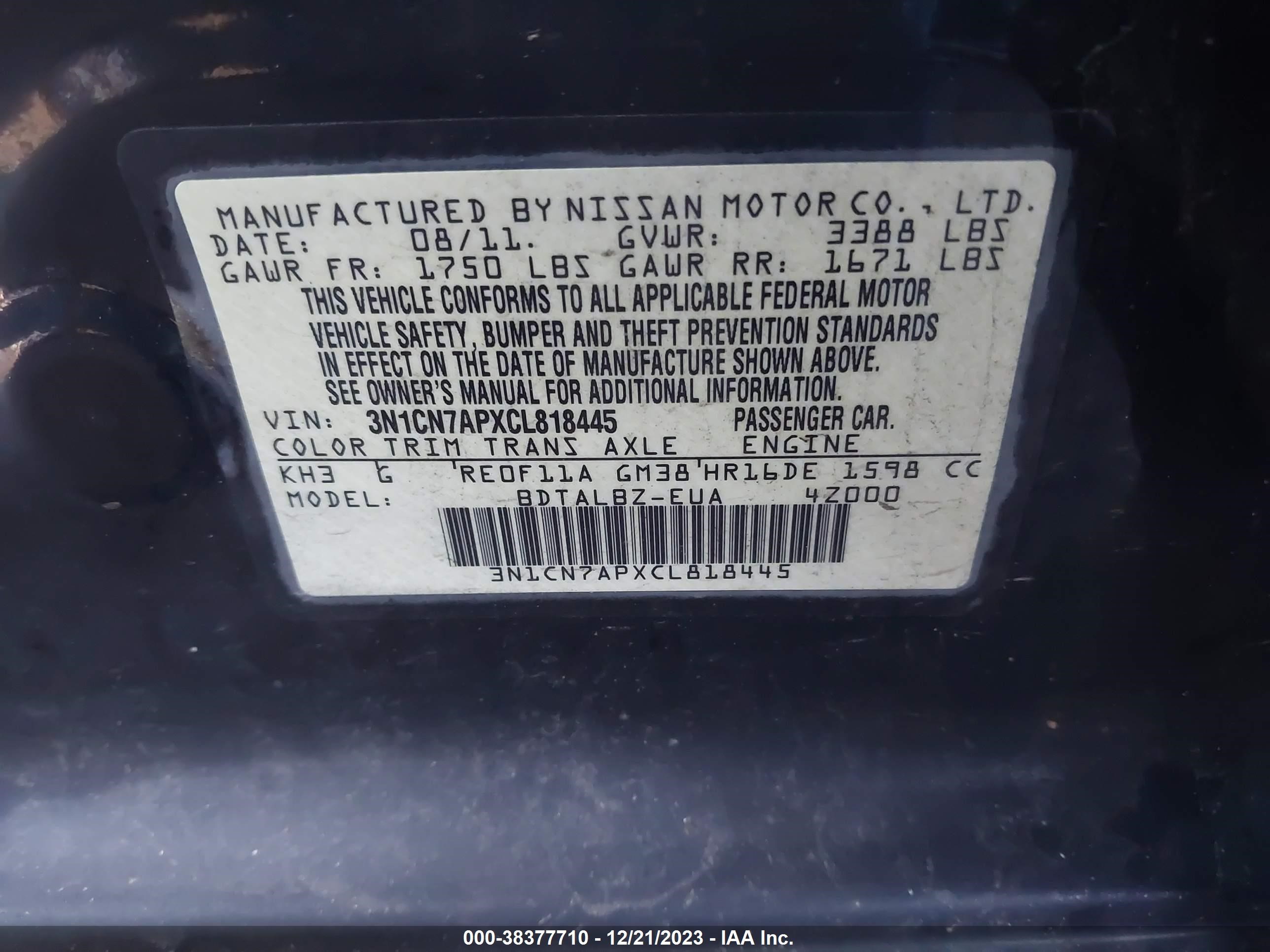 Photo 8 VIN: 3N1CN7APXCL818445 - NISSAN VERSA 