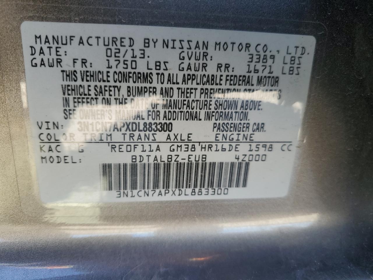 Photo 11 VIN: 3N1CN7APXDL883300 - NISSAN VERSA 