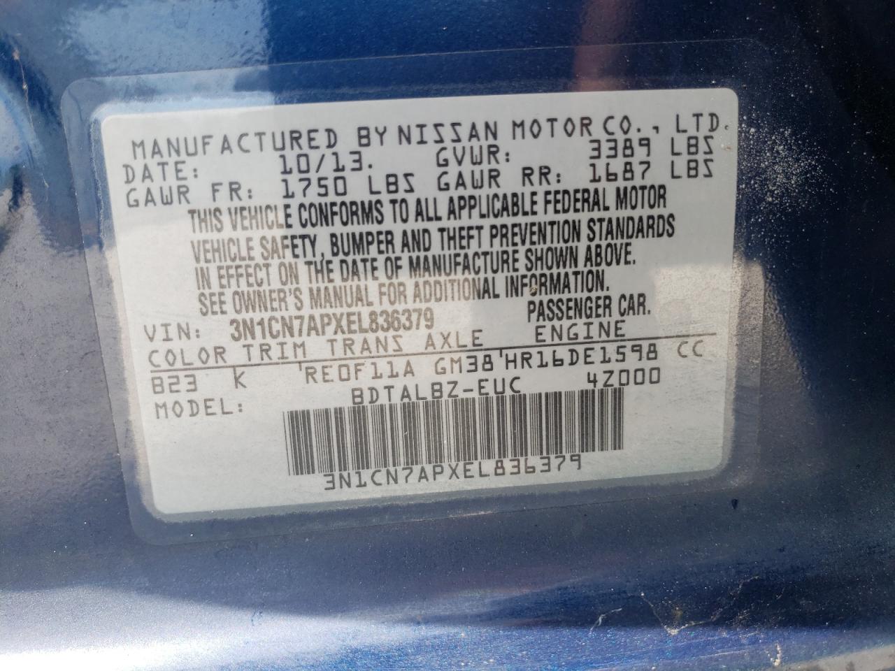 Photo 11 VIN: 3N1CN7APXEL836379 - NISSAN VERSA 