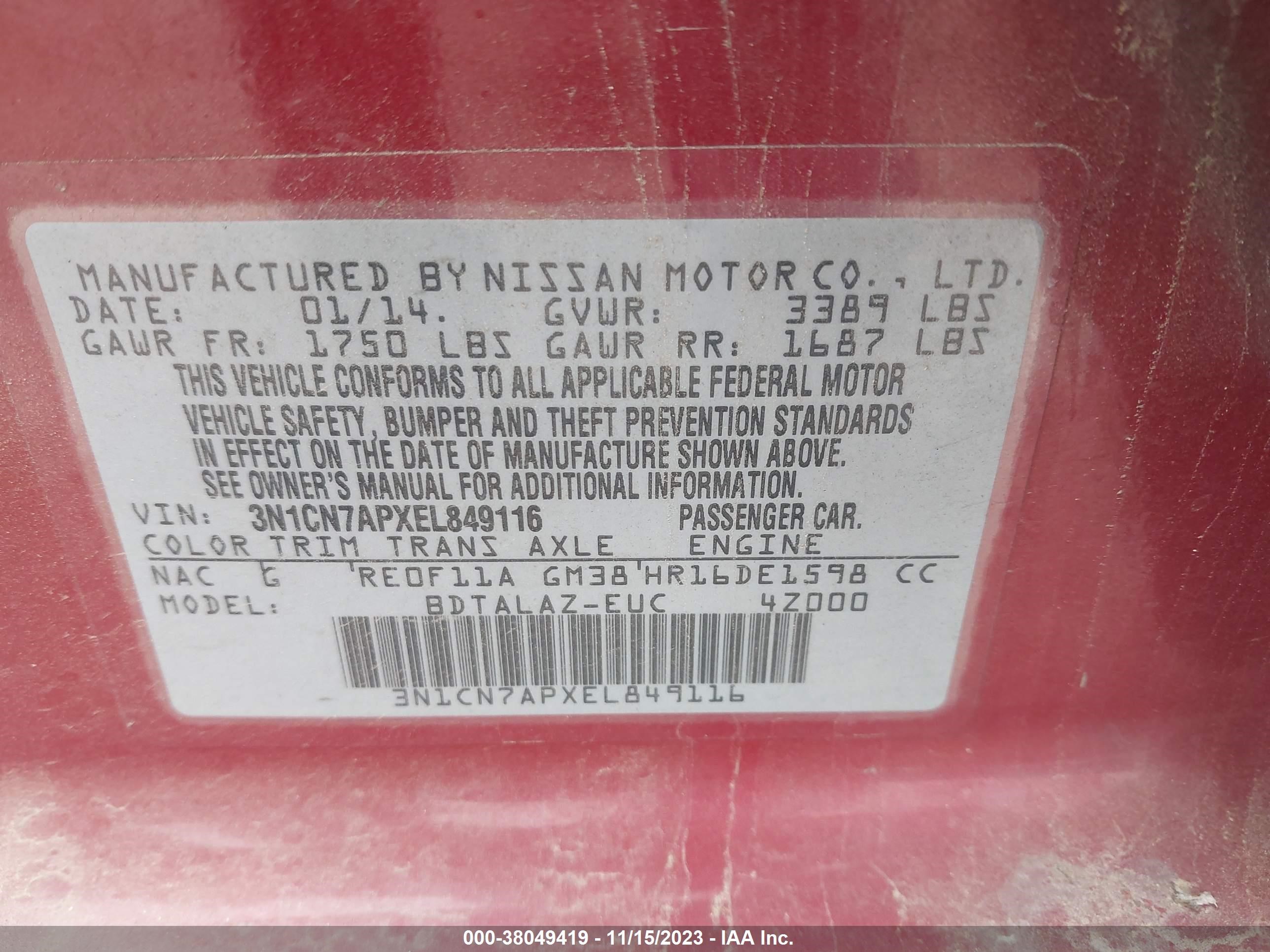 Photo 8 VIN: 3N1CN7APXEL849116 - NISSAN VERSA 