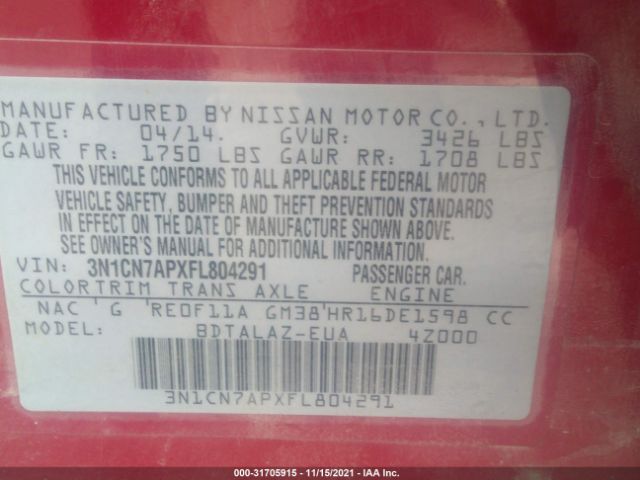 Photo 8 VIN: 3N1CN7APXFL804291 - NISSAN VERSA 