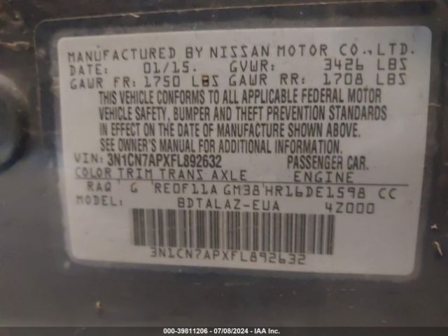 Photo 8 VIN: 3N1CN7APXFL892632 - NISSAN VERSA 