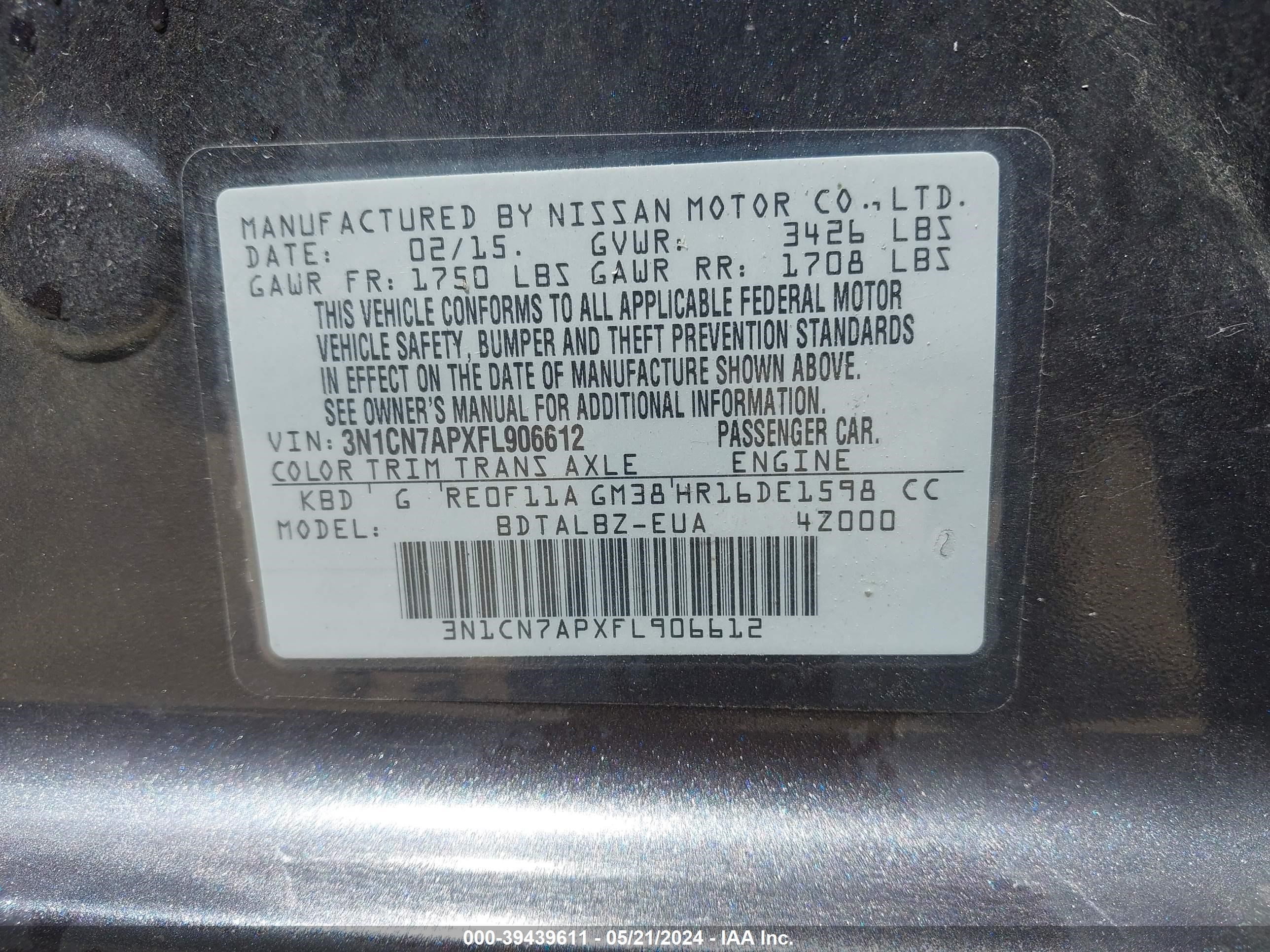 Photo 8 VIN: 3N1CN7APXFL906612 - NISSAN VERSA 