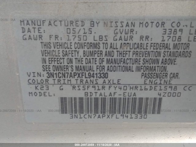 Photo 8 VIN: 3N1CN7APXFL941330 - NISSAN VERSA 