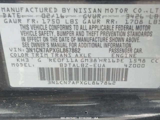 Photo 8 VIN: 3N1CN7APXGL867862 - NISSAN VERSA 