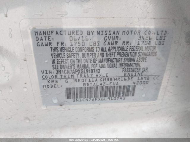 Photo 8 VIN: 3N1CN7APXGL910743 - NISSAN VERSA 