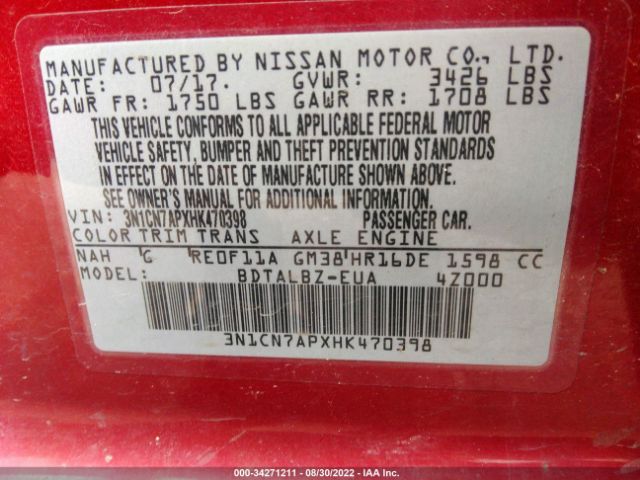 Photo 8 VIN: 3N1CN7APXHK470398 - NISSAN VERSA SEDAN 