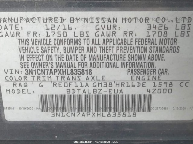 Photo 8 VIN: 3N1CN7APXHL835818 - NISSAN VERSA SEDAN 