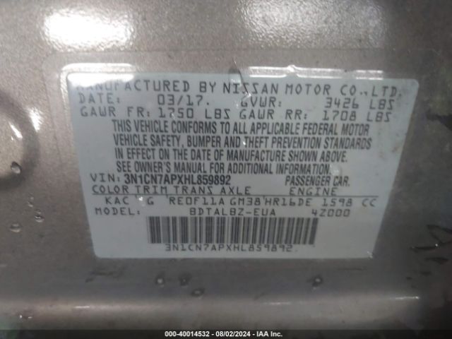 Photo 8 VIN: 3N1CN7APXHL859892 - NISSAN VERSA 