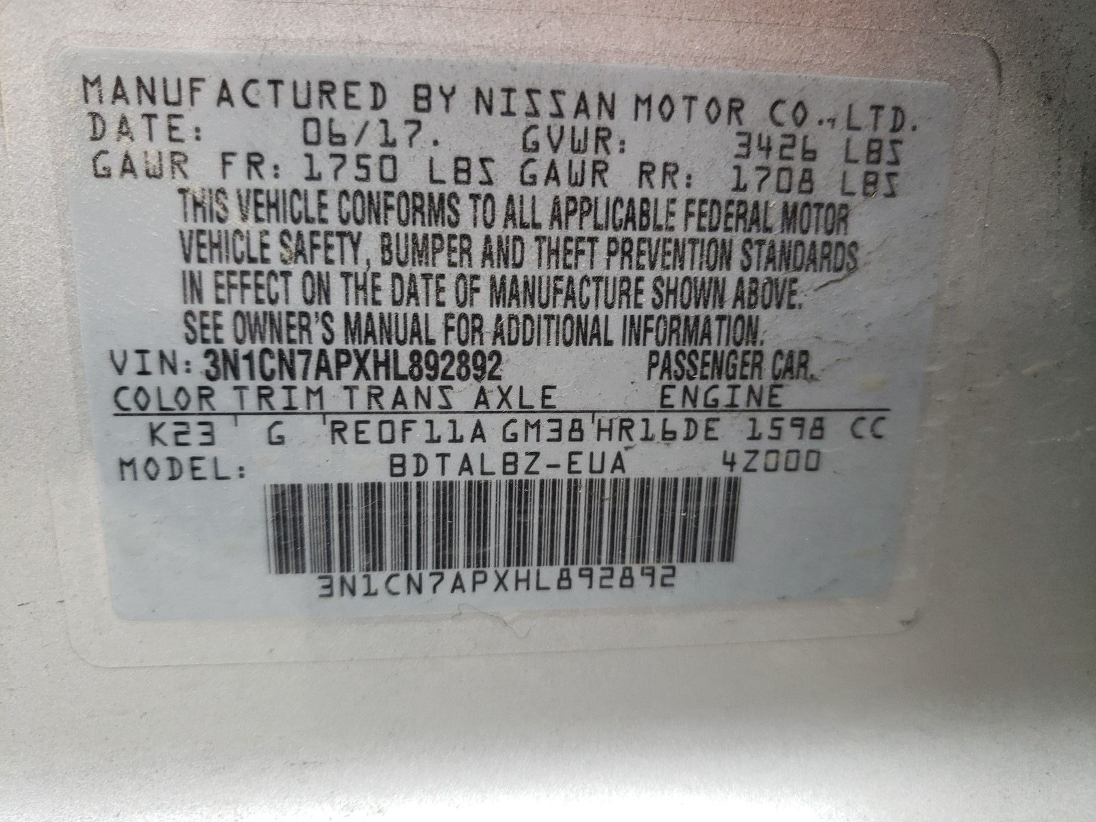 Photo 9 VIN: 3N1CN7APXHL892892 - NISSAN VERSA S 