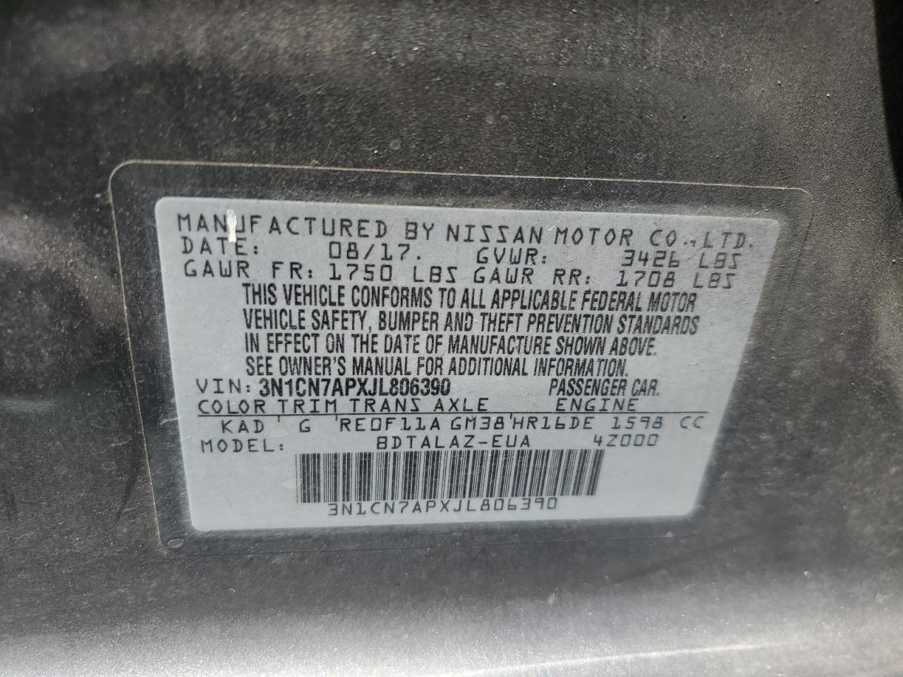 Photo 12 VIN: 3N1CN7APXJL806390 - NISSAN VERSA 