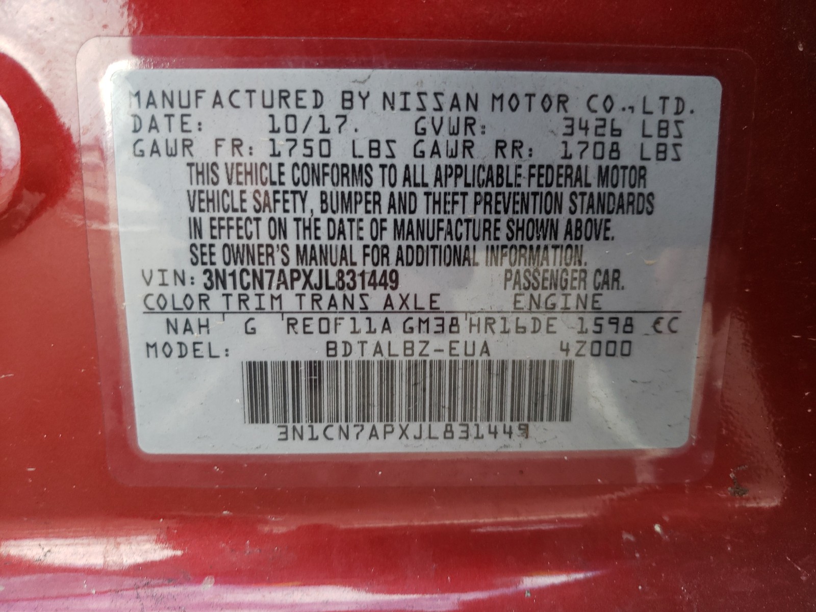 Photo 9 VIN: 3N1CN7APXJL831449 - NISSAN VERSA S 