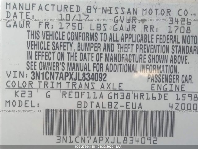 Photo 8 VIN: 3N1CN7APXJL834092 - NISSAN VERSA SEDAN 