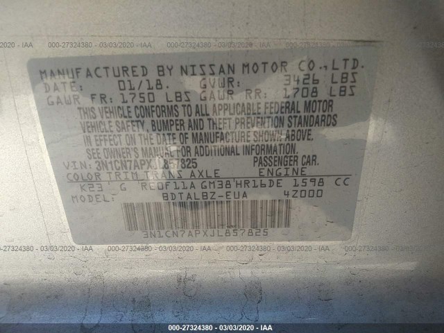 Photo 8 VIN: 3N1CN7APXJL857825 - NISSAN VERSA S 